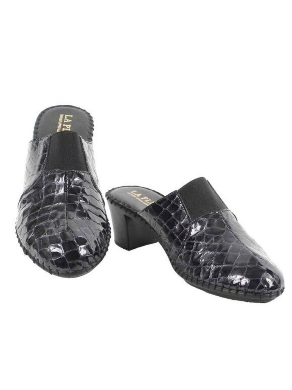 La Plume Sz 41 Black Reptile Embossed Mid Heel Patent Leather Mule Heels